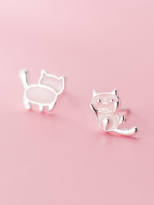 Rosh 925 Sterling Silver With Platinum Plated Cute Asymmetrical Pink Kitten Stud Earrings 2