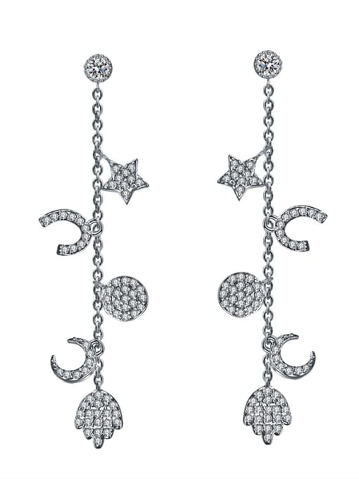 Silver New fashion slim star moon long tassel earrings