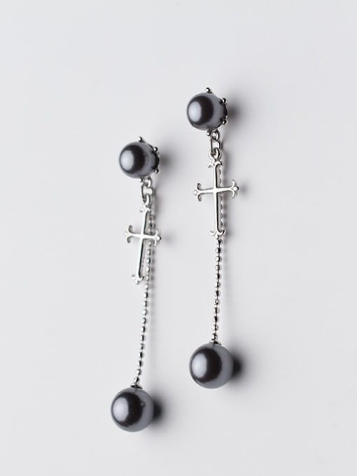 Rosh Exquisite Cross Shaped Black Artificial Pearl Silver Drop Earrings 0