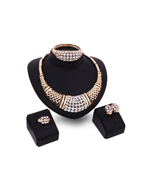 White Alloy Imitation-gold Plated Fashion Rhinestone Grid-shaped Four Pieces Jewelry Set