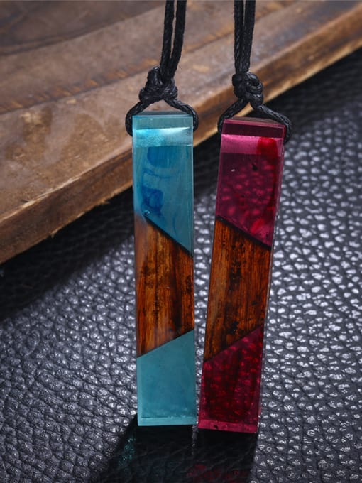 Blue Temperament Square Shaped Wooden Resin Sweater Necklace