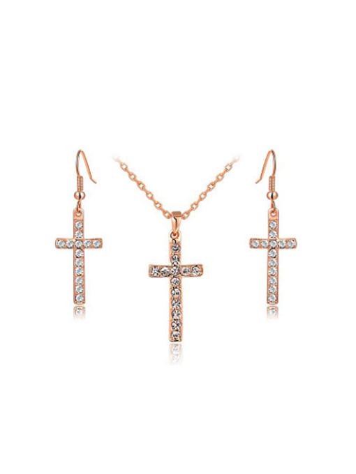 Ronaldo Exquisite Rose Gold Plated Cross Shaped Austria Crystal Two Pieces Jewelry Set 0