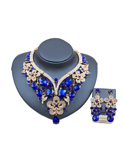 royal blue Oval Glass Rhinestones Flower Two Pieces Jewelry Set