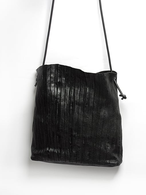 Black Original design wrinkle sheep skin Retro Black Tote Bag
