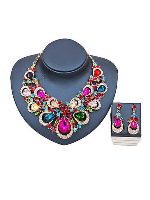 Multicolor Water Drop Glass Rhinestones Statement Two Pieces Jewelry Set