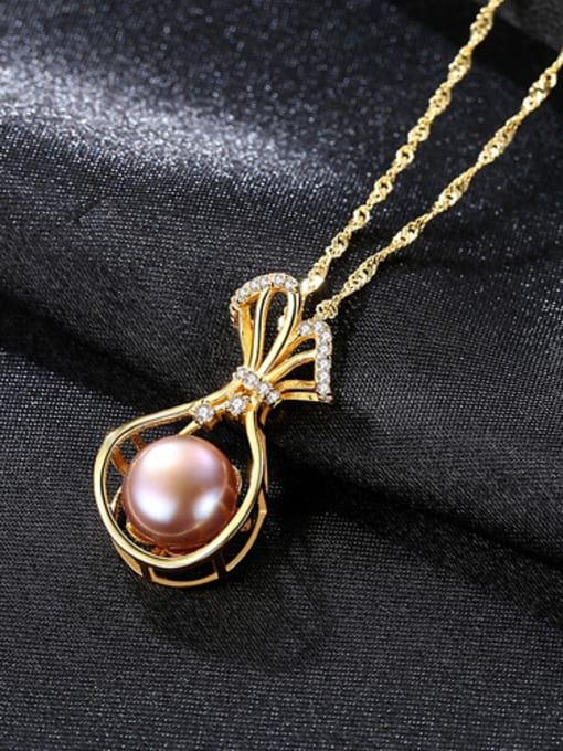 Purple 18K-Gold Pure silver water wave chain freshwater pearl gift bag Necklace