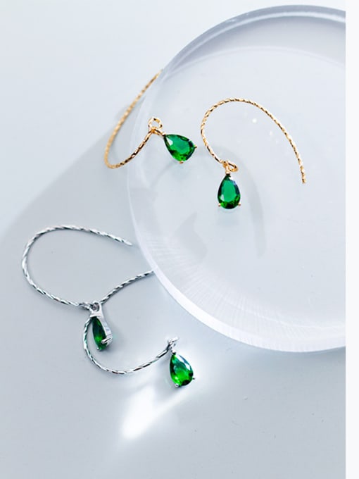 S925 Silver A Pair Of Silver Stylish and sweet Drop-shaped green glass stone small 925 Silver earrings ear hook