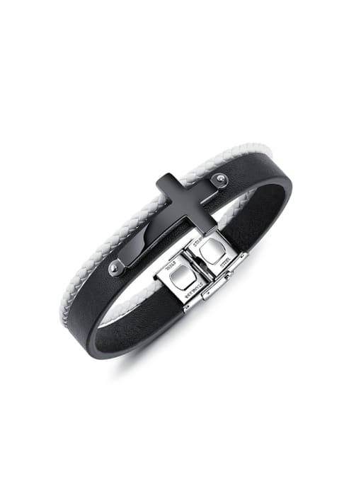 Black Personalized Woven Black Artificial Leather Two-band Cross Bracelet