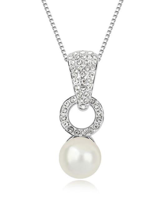 White Simple Imitation Pearl Shiny Crystals-covered Pendant Alloy Necklace