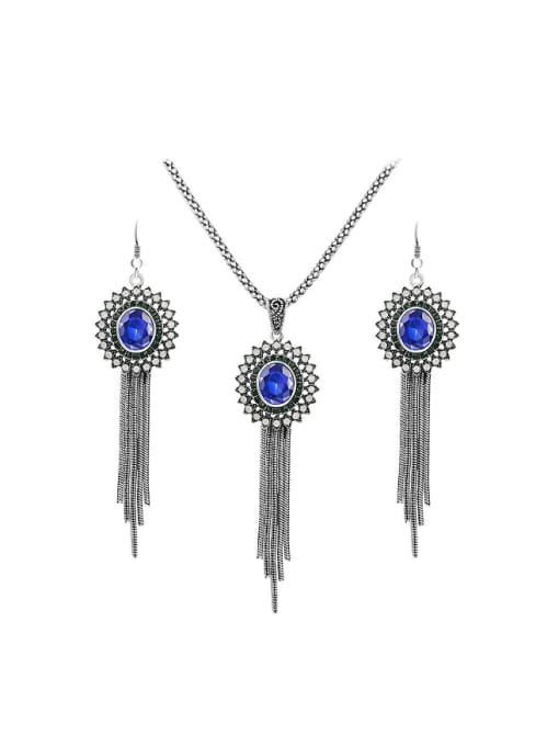 Gujin Vintage style Chain Tassels Blue Resin stones Two Pieces Jewelry Set 0