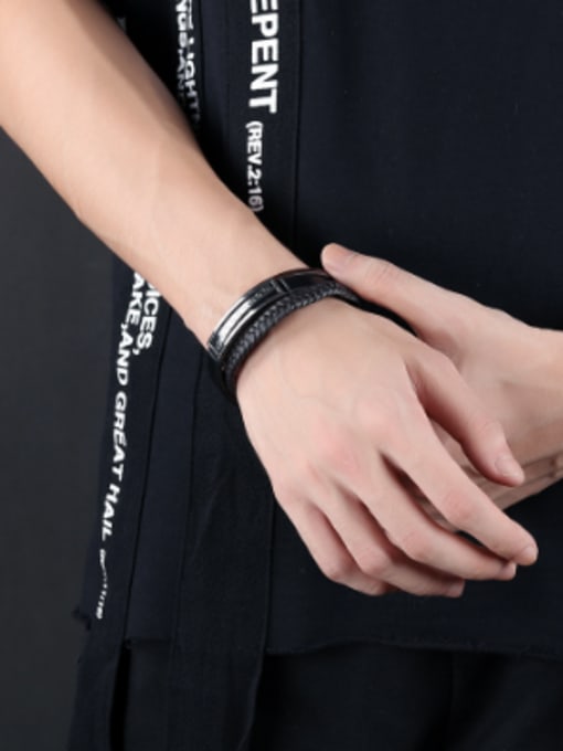 Open Sky Fashion Woven Artificial Leather Black Men Bracelet 1