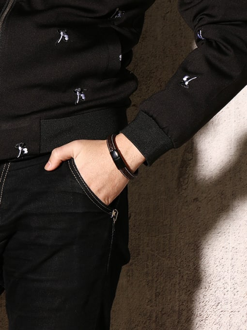 CONG Men Fashionable Black Artificial Leather Titanium Bracelet 1