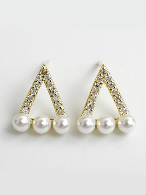 gold Simple Artificial Pearls Hollow Triangle Rhinestones Silver Stud Earrings