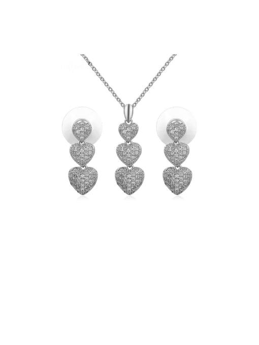 Platinum Copper With Cubic Zirconia Delicate Heart  Earrings And Necklaces 2 Piece Jewelry Set