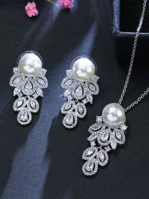 L.WIN The Luxury Shine AAA Zircon Imitation pearls Necklace Earrings 2 Piece jewelry set 0