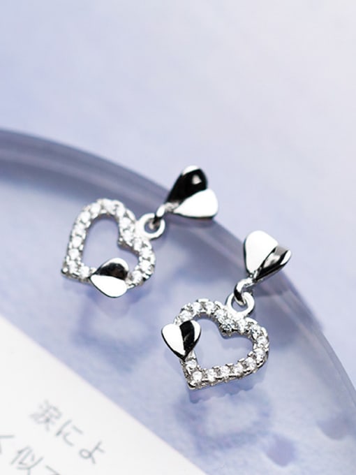 white Temperament Heart Shaped Rhinestones S925 Silver Drop Earrings
