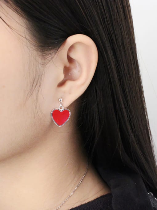 DAKA Asymmetrical Red Heart Silver Stud Earrings 1