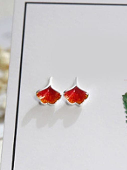 Red Tiny Gingko Leaf Silver Stud Earrings