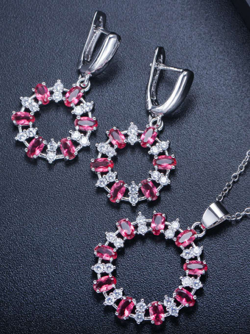 Red Luxury Shine Square High Quality Zircon Round Necklace Earrings 2 Piece jewelry set Multicolor