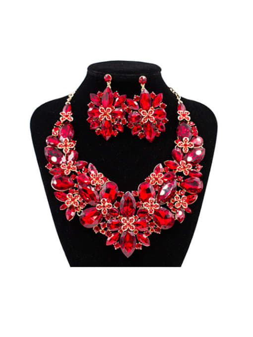 Red 2018 Exaggerated Flower Glass Rhinestones Two Pieces Jewelry Set
