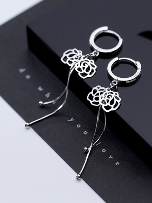 Rosh 925 Sterling Silver With Fashion Hollow Flower Beads Tassel Clip On Earrings