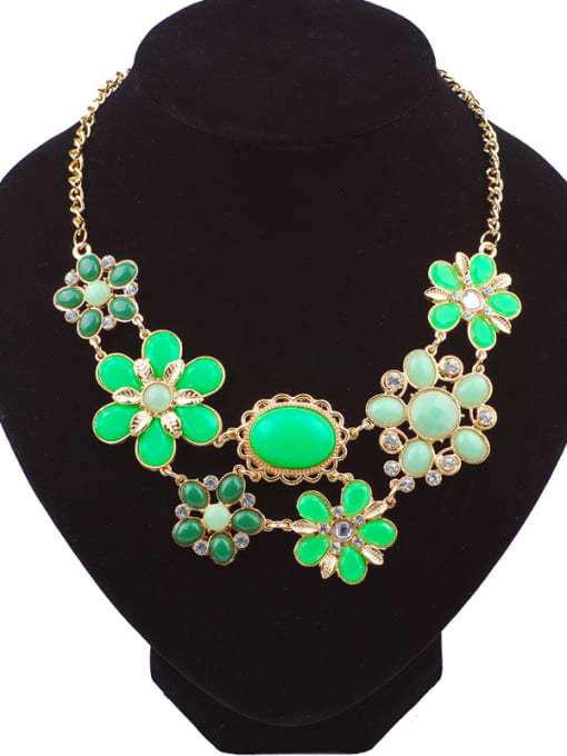 Green Fashion Resin-sticking Flowers Rhinestones Gold Plated Necklace