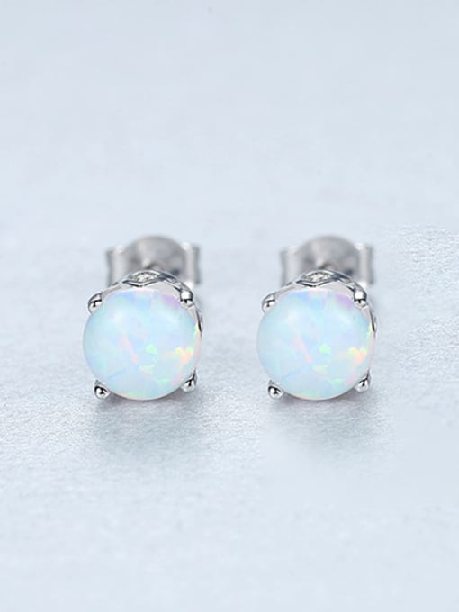 Sliver  white 925 Sterling Silver With Opal Cute Round Stud Earrings
