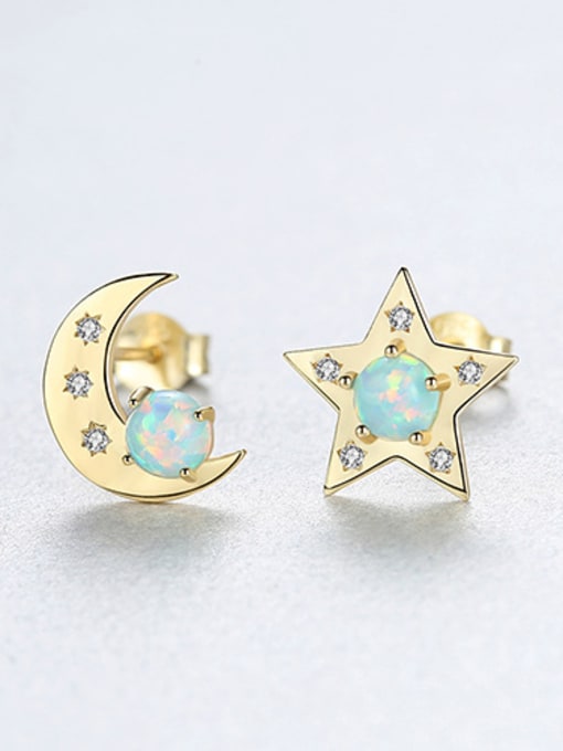gold 925 Sterling Silver With  Opal Cute Star  Moon Asymmetry  Stud Earrings