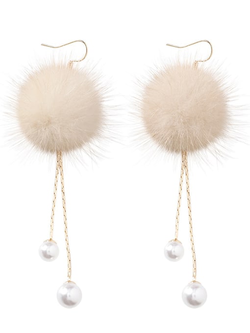 B Beige Alloy With Imitation Gold Plated Bohemia Round  Plush Ball Drop Earrings