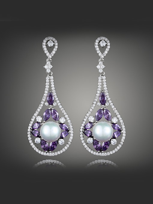 Purple Fashion Artificial Pearl Water Drop Copper Drop Earrings