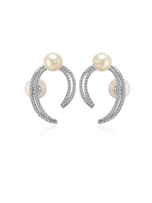 ALI Personality Crescent Moon Pearls Micro Zircon Earrings