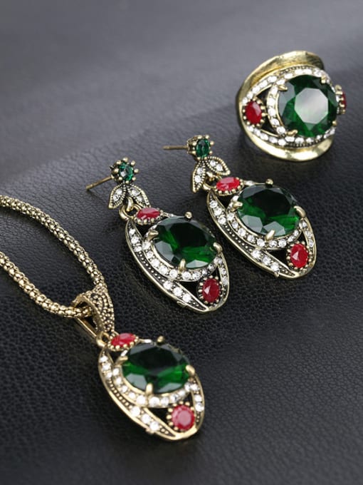 Gujin Retro style Green Glass stones White Crystals Three Pieces Jewelry Set 2