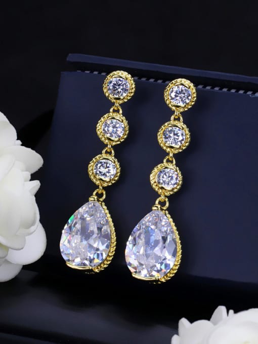 L.WIN Water Drop AAA Zircons White and Gold Plated Drop Earrings 0