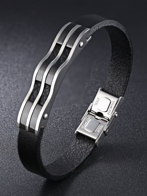 Open Sky Simple Wave Titanium Artificial Leather Bracelet 2