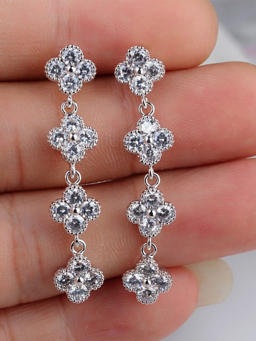 White Sterling Silver Ear Needles Flower AAA Zircon Nickel Free White Gold Plated  Cluster earring