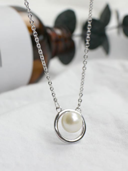 DAKA Fashion White Freshwater Pearl Hollow Round Silver Necklace 0
