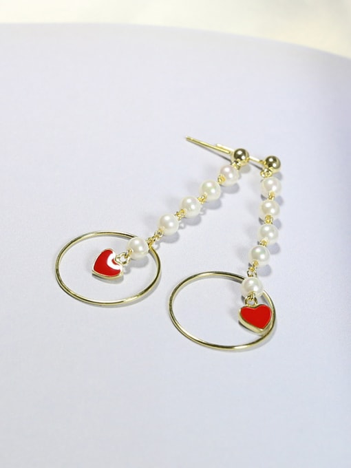 Peng Yuan White Freshwater Pearls Hollow Round Tiny Red Heart 925 Silver Drop Earrings 1