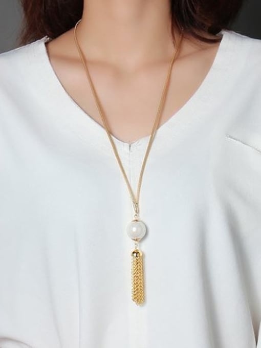 CONG Temperament Gold Plated Artificial Pearl Tassel Sweater Chain 1