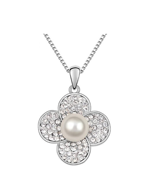 QIANZI Simple Tiny White Crystals-covered Flower Imitation Pearl Alloy Necklace 0
