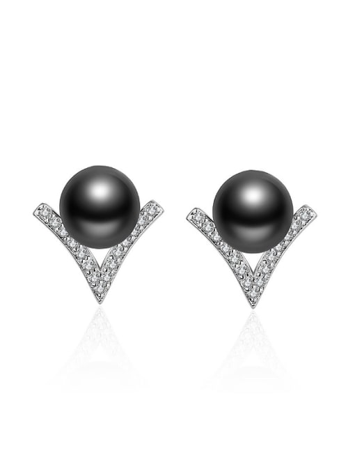 AI Fei Er Simple Imitation Pearl Shiny Zirconias V-shaped Stud Earrings 0
