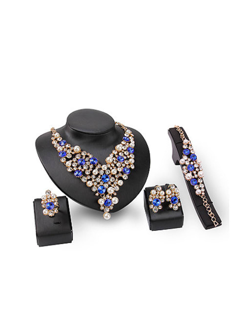 blue Alloy Imitation-gold Plated Fashion Artificial Pearls and Stones Four Pieces Jewelry Set