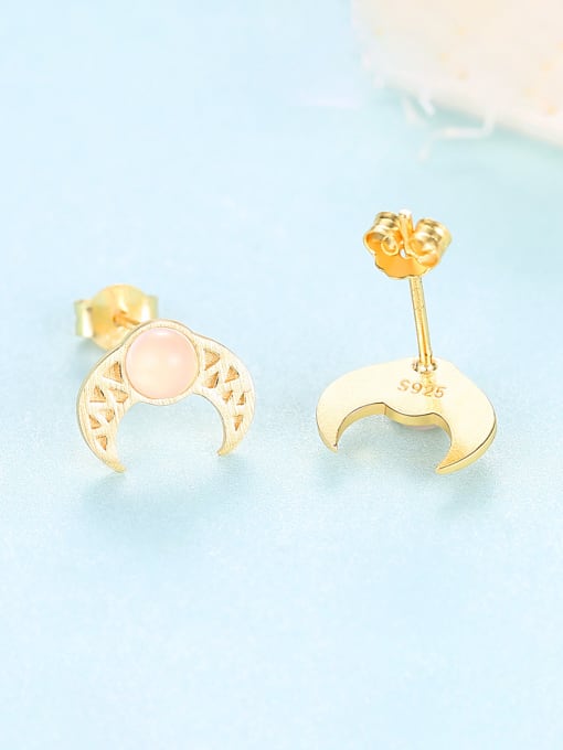 Pink 925 Sterling Silver With Opal Cute Moon Stud Earrings