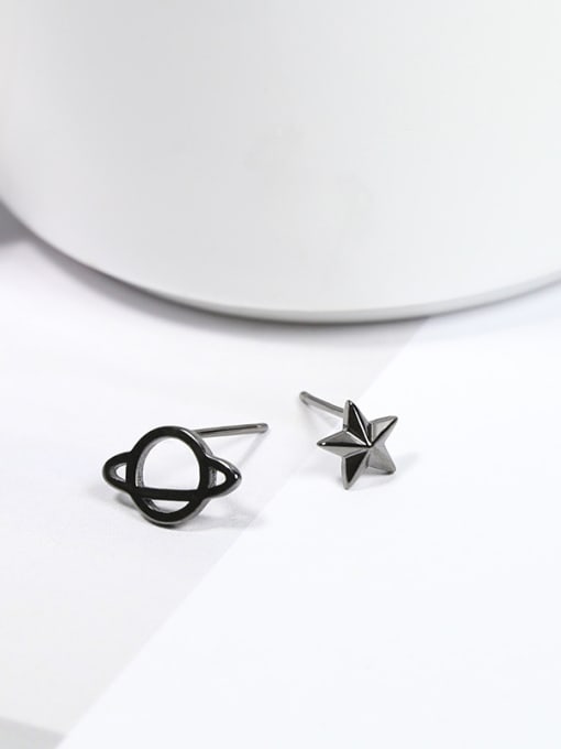 Peng Yuan Asymmetrical Tiny Black Planet Star 925 Silver Stud Earrings
