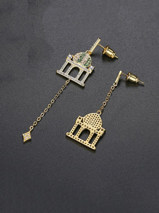 BLING SU Copper With Gold Plated Delicate Castle Pendant Asymmetry Drop Earrings 4