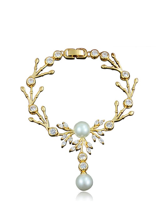 Gold Women Elegant 18K Gold Plated Artificial Pearl Leaf Bracelet