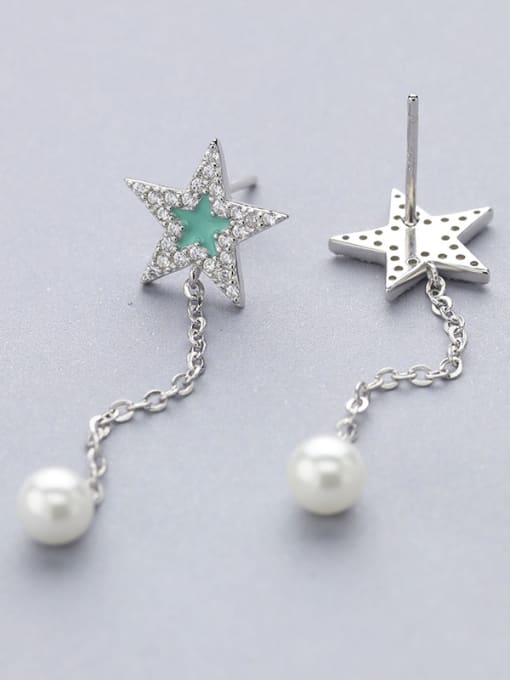 One Silver Green Star Shaped Shell Pearl Drop Earrings 2