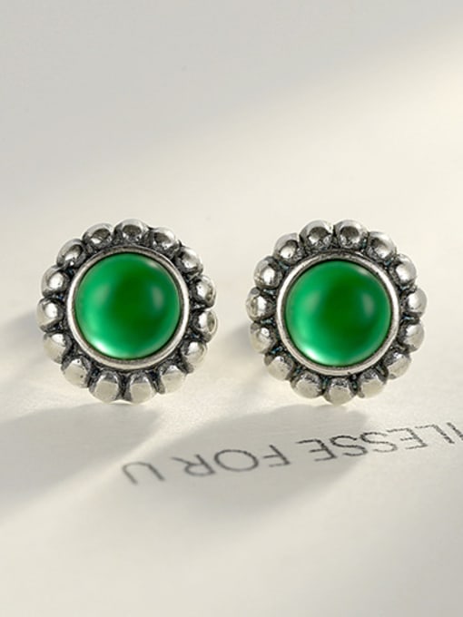 Green 925 Sterling Silver With Turquoise Vintage Round Stud Earrings