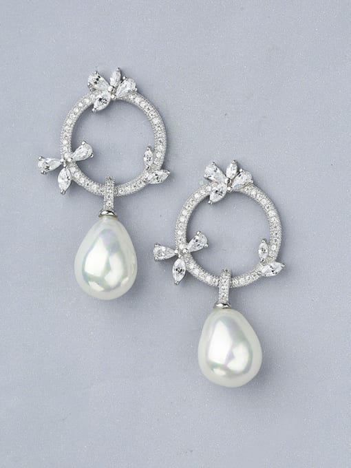 One Silver Elegant Water Drop Shell Pearl Shiny ZIrconias Hollow Round 925 Silver Stud Earrings 0