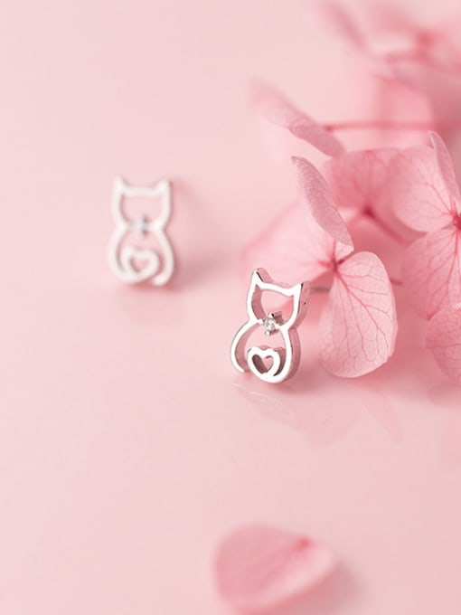 Rosh 925 Sterling Silver With Silver Plated Hollow Cute Cat Stud Earrings 0