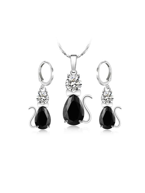 Black Copper Alloy White Gold Plated Fashion Kitty Two Pieces Zircon Jewelry Set